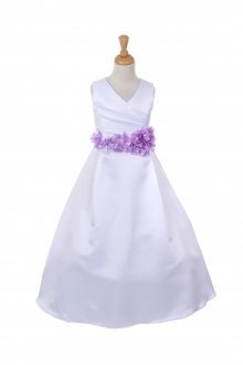 White/Lavender Bridal Satin Flower Girl Dress with Removable Flower Sash 